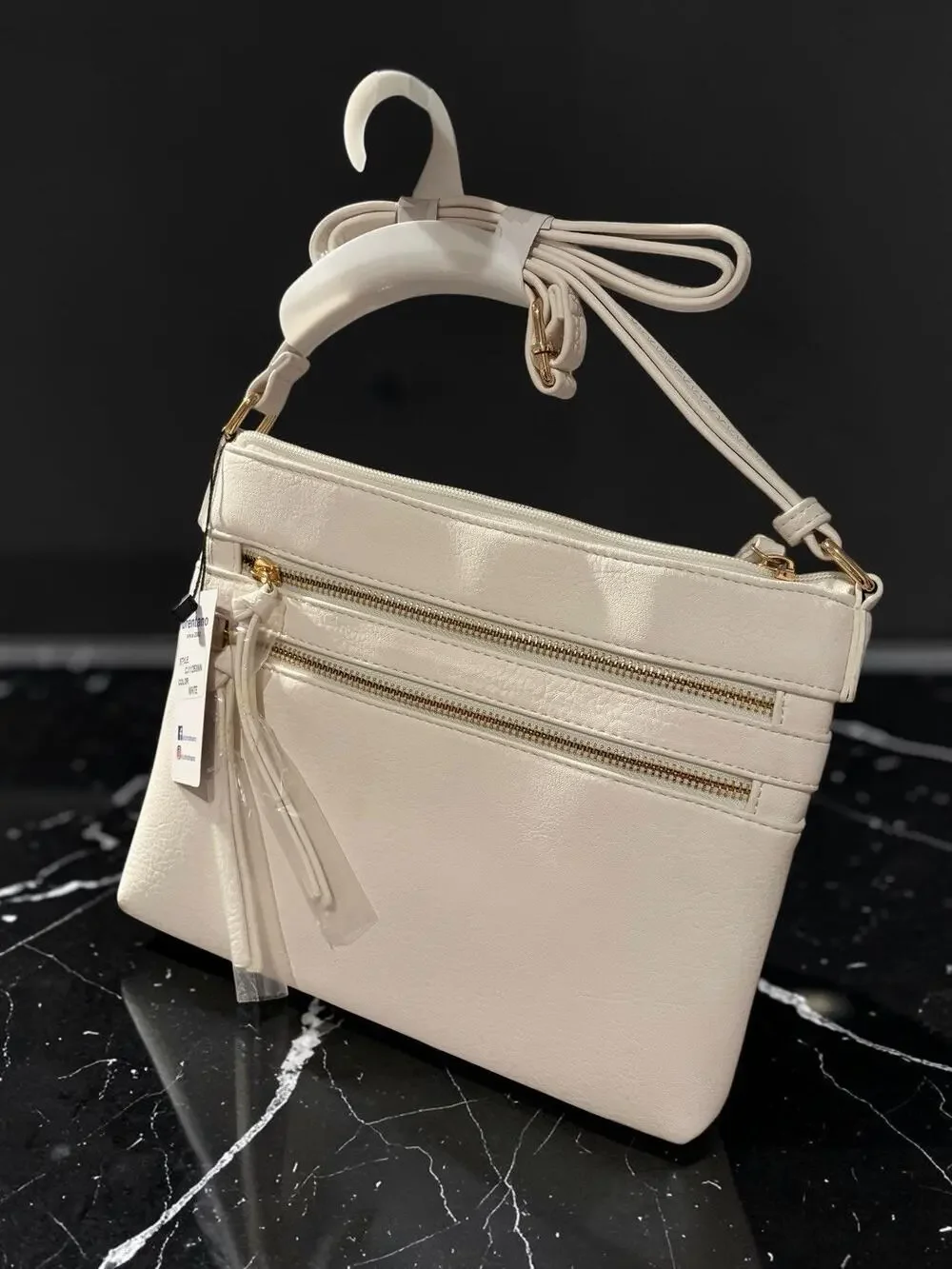 BRENTANO Vegan White Multi-Zipper Crossbody Handbag with Tassel Accents